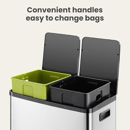 DUMOS Kitchen Trash Can, 2x8-Gallon Dual Trash Can with Lid, Stainless Steel Garbage Bin with 2 Removable Inner Buckets, Soft-Close Foot Pedal, Fingerprint-Resistant for Kitchen, Home, Office