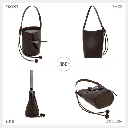 MoreFarther Genuine Leather Bucket Bag for Women, Adjustable Shoulder Bag for Work, Travel, Everyday Use (Chocolate Brown)