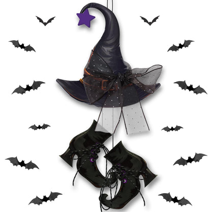Halloween Witch Hanging Door Decor - Hocus Pocus Hat Shoes Sign Wreath Wooden Decorations with Bats for Wall Outdoor