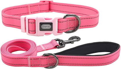 Dog Collar Leash Set, Durable Polyester with Safety Reflective Strips, 5 ft Matching Leash, Neoprene Padded Handle, Adjustable 4 Sizes for Small Medium Large Dogs.(S, Pink)