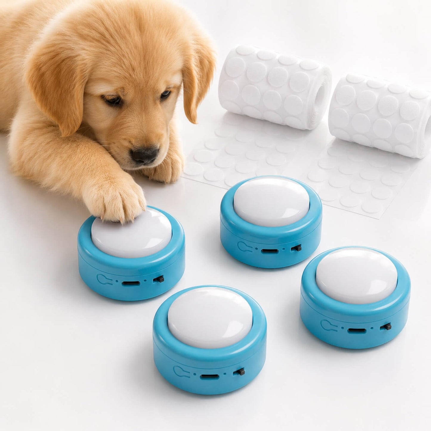 Set of 4 Small Voice Recording Buttons, Loud Clear Dog Cat Recorder for Animal Communication, Blue Pet Training Talking Buzzer, Rechargeable 30s Record & Playback Starter Set for Home Office