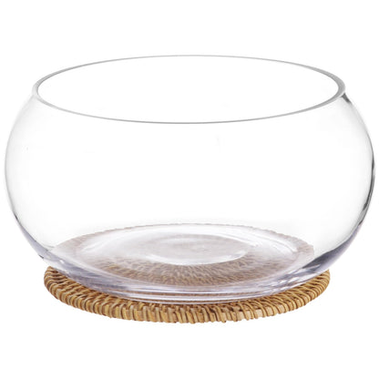 Lotus Bowl Planter with Rattan Mat - 10 in Round Glass Vase Bowl Hydroponic Lotus Planter Pot Propagation Vases Fish Bowl for Water Greens, Transparent Decorative Lotus Pot, Fish Tank