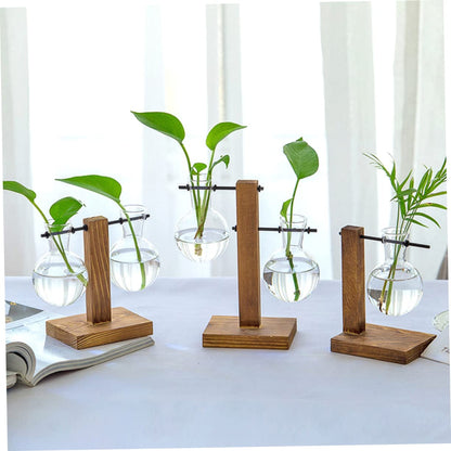 Hemoton 2pcs Hydroponic Glass Vase Wooden Base Stand Modern Plant Terrarium Tabletop Vase for Indoor Gardening Stylish