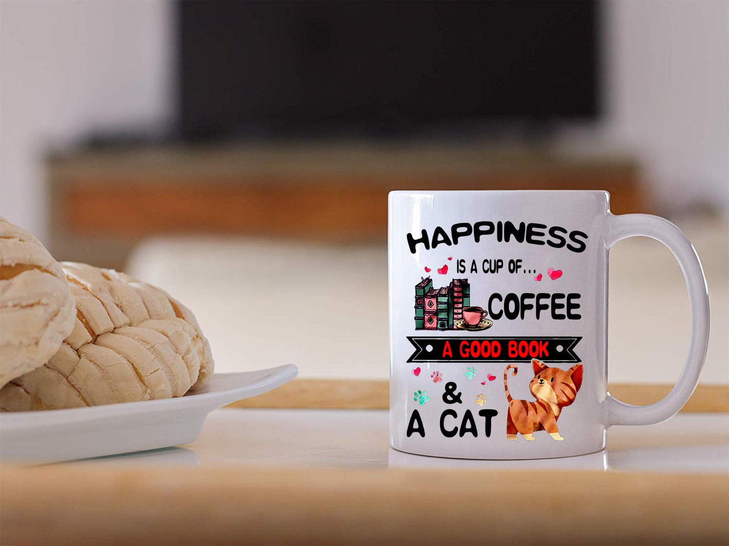 Funny coffee Mug - Book Lovers Reading Mug - Happiness is A Cup of Coffee & A Cat - Cat lovers Mugs, Funny Bookish Coffee Mug, Cat Mug, Teacher Mug - 11 oz Novelty Mug