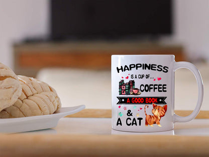 Funny coffee Mug - Book Lovers Reading Mug - Happiness is A Cup of Coffee & A Cat - Cat lovers Mugs, Funny Bookish Coffee Mug, Cat Mug, Teacher Mug - 11 oz Novelty Mug