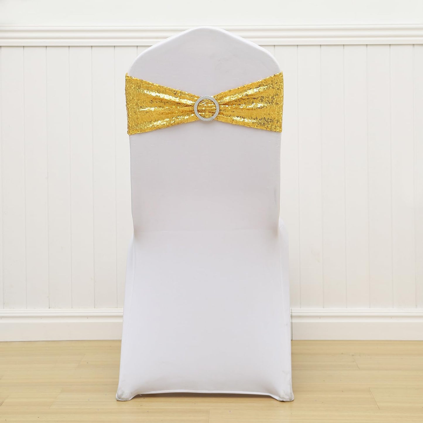 ZSJFMF Full Sparkly Sequins Gold Chair Sashes for Wedding, Shimmering Glitter Chair Bands Bows for Party Ceremony Event Decorations - 50 Pack