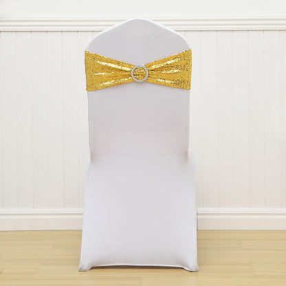 ZSJFMF Full Sparkly Sequins Gold Chair Sashes for Wedding, Shimmering Glitter Chair Bands Bows for Party Ceremony Event Decorations - 50 Pack