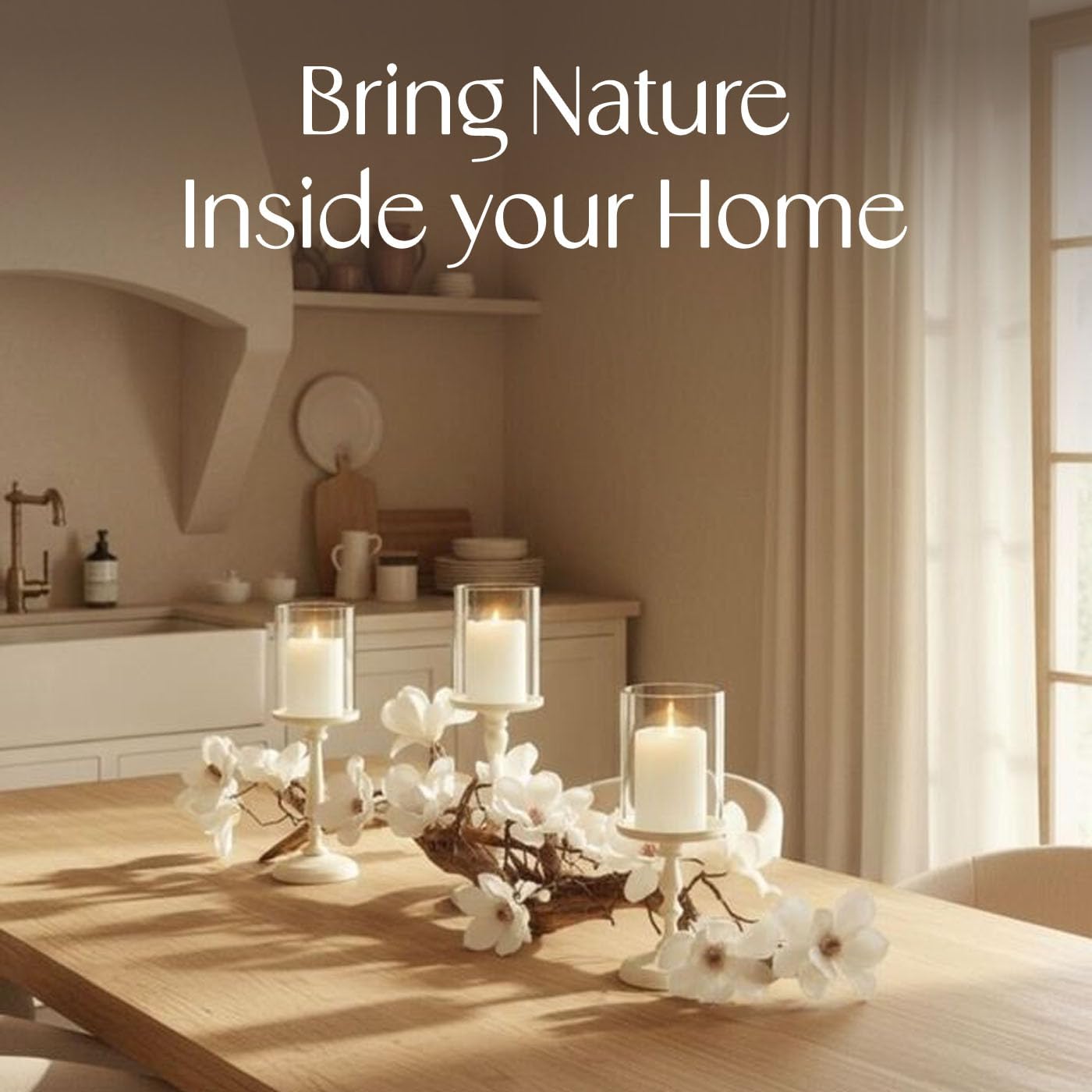 Magnolia Vine Driftwood Farmhouse Table Centerpiece - 3pc Candle Holder Set - Floral Table Decor for Dining Room, Living Room, Mantle & Weddings (Ivory)