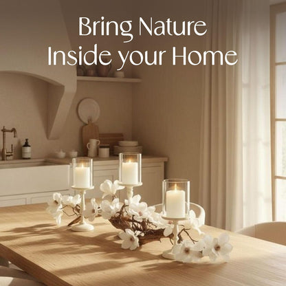 Magnolia Vine Driftwood Farmhouse Table Centerpiece - 3pc Candle Holder Set - Floral Table Decor for Dining Room, Living Room, Mantle & Weddings (Ivory)