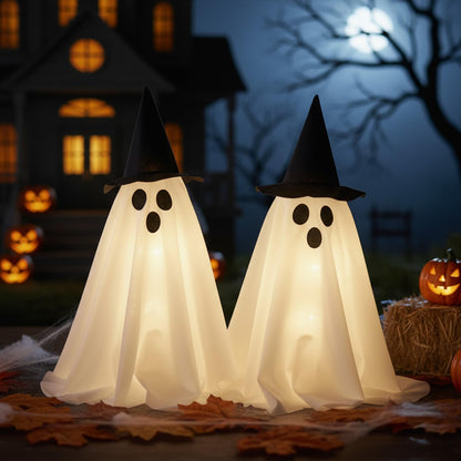 VioraWhite 2 Pack 18.8Inch Lighted Halloween Decoration Indoor Ghost Witch Hat with Lights Spooky Halloween Party Decoration Scary Glowing Ghost Kit for Mantel Shelf Table Fireplace Home Room Kitchen