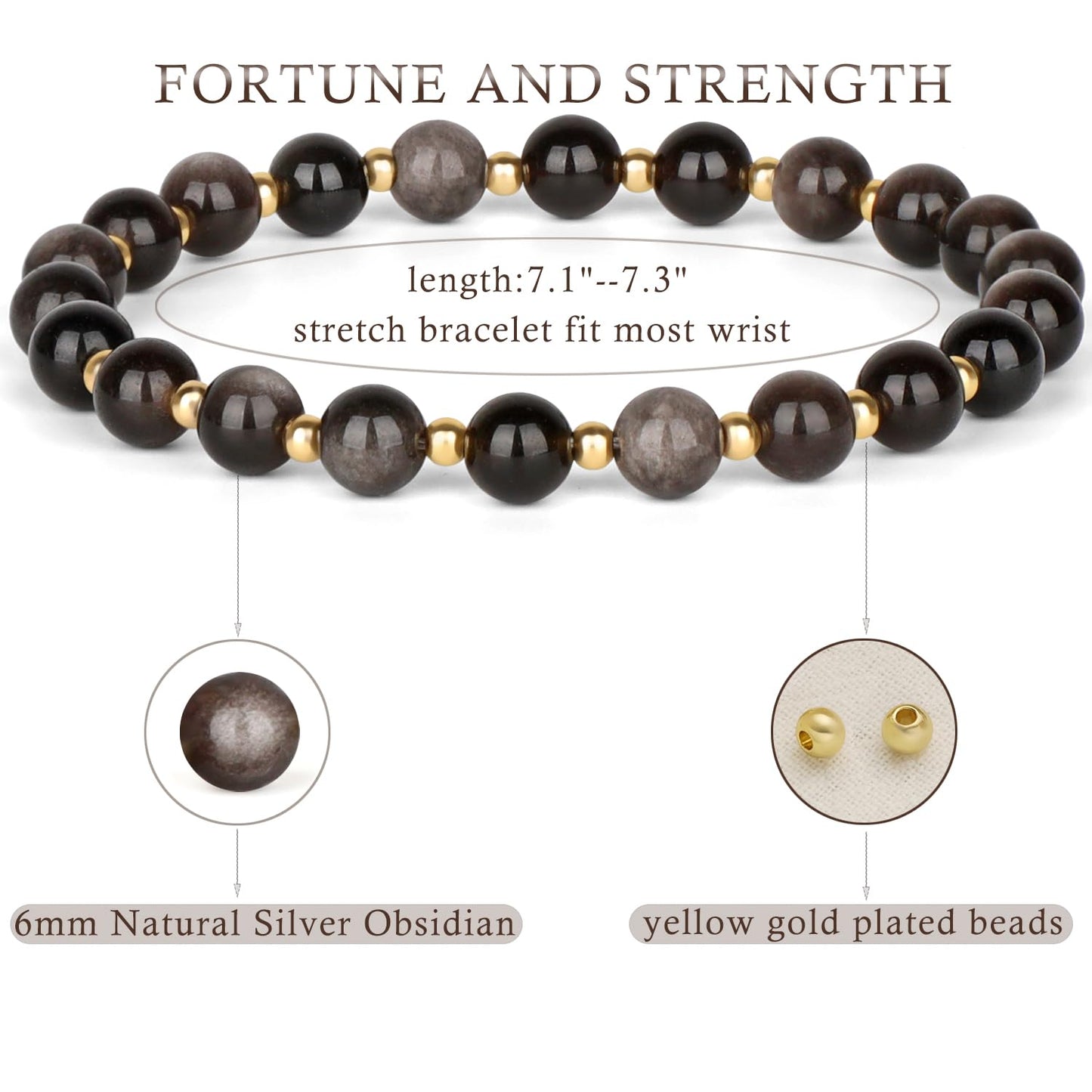 QOGIR Silver Obsidian - Fortune and Strength - 14K Gold Plated Beads Natural Gemstone Stretch Elastic Dainty Healing Beaded Bracelets Gifts 6mm