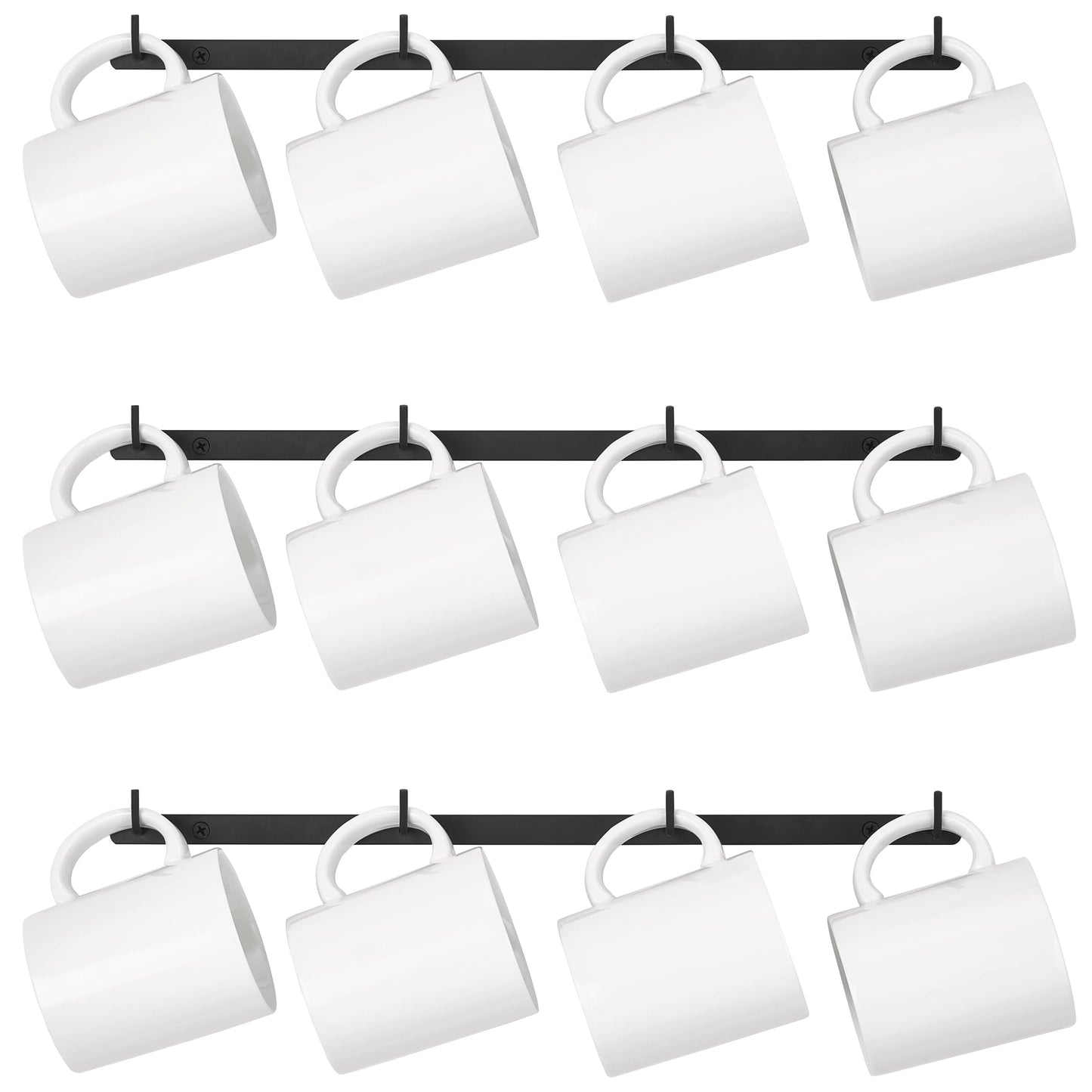 Dahey Metal Coffee Mug Rack Wall Mounted with 12 Mug Hooks, Set of 3, Mug Display Rack Cup Holder Storage for Kitchen Dining Room Coffee Bar, Black