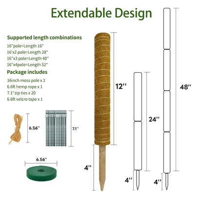 Moss Pole Monstera Plant Support: 4 Pack 16 inch Stackable Coco Coir Moss Totem Stake Tall Plants Rod Stand Grow Stick Moss Holder for House Live Plant,Indoor Climbing Potted,Vine,Pothos,Philodendron