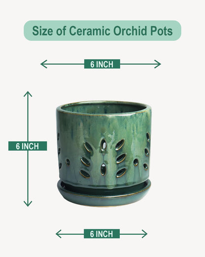 vensovo 6 Inch Ceramic Orchid Pots with Holes - Round Orchid Pots for Repotting, Garden Planter Indoor and Outdoor with Attached Saucer Supports Air Circulation(Green)