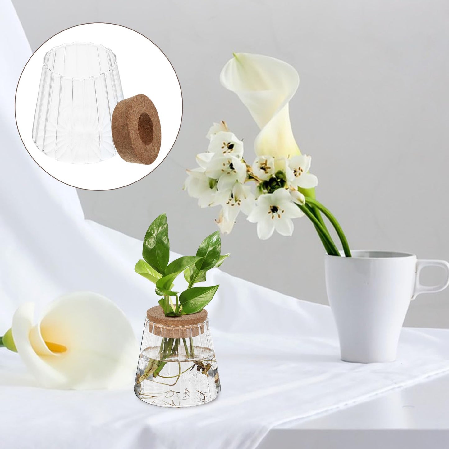 Operitacx 3pcs Hydroponic Glass Propagation Vases with Smooth, Hammered Vertical Texture Volcanic Neck and Wood Stopper, Indoor Plant Terrarium Set for Home and Office Décor