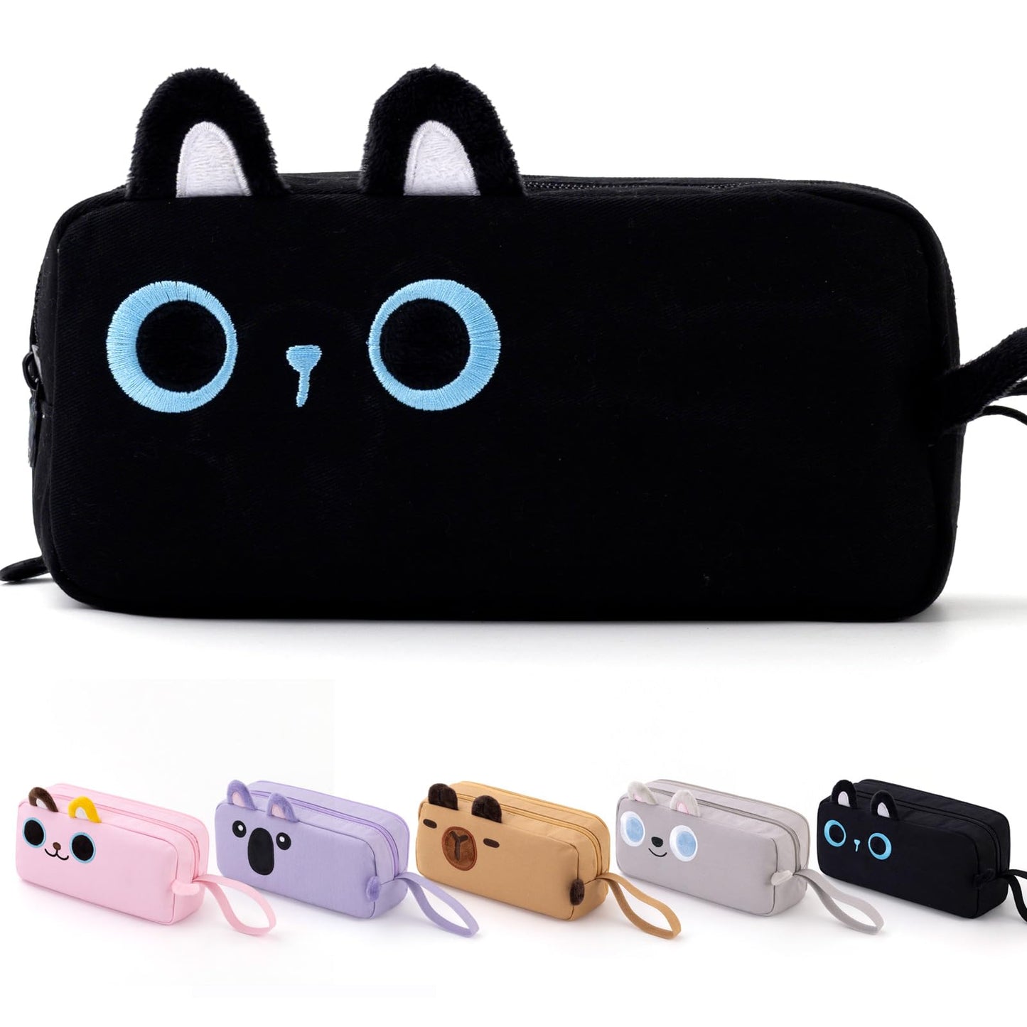 CICIMELON Cartoon Pencil Case, Large Capacity Pen Pouch with Embroidered Animal Design, School Supplies Bag for Kids, Teens, Students (Black Cat)