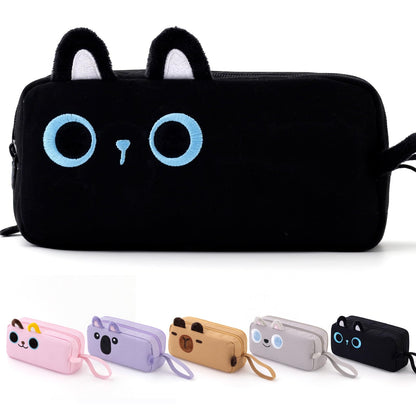 CICIMELON Cartoon Pencil Case, Large Capacity Pen Pouch with Embroidered Animal Design, School Supplies Bag for Kids, Teens, Students (Black Cat)