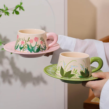 EWCEFIC Cute Ceramic Coffee Mug and Saucer Set for Women, Spring Floral Embossed Design, 9.5oz/280ml, Perfect for Home, Office & Holiday Gifts (Pink Tulip)
