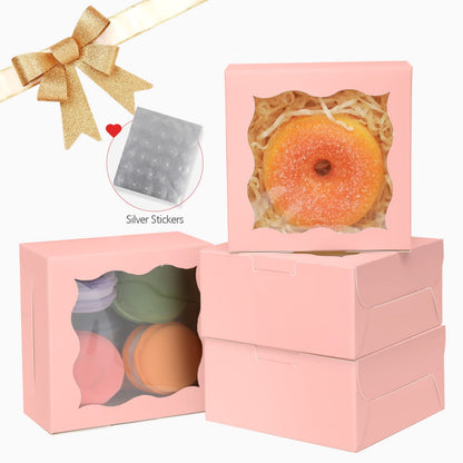 Bakepacker Pink Bakery Boxes with Window 4x4x2.5 inches Small Size Pastry Boxes Mini Cookie Boxes for Bakerys Thick & Sturdy （100 Packs）
