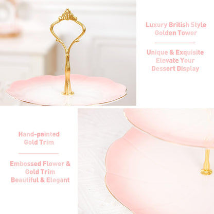 DUJUST Luxury Larger 3-Tier Cupcake Stand Tower, British Style Porcelain Serving Tray with Golden Trim, Food Grade Dessert Display Stand for Tea Party & Home Décor - 45% Gradient Pink Larger Plates