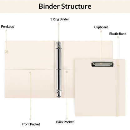 SKYDUE 3 Ring Binder with Clipboard,1 Inch Binder, 13.2" × 10.2" PU Clipboard Binder with Notepad & 5 Dividers with 5 Pockets, Labels, Clipboard Folder Great for School Office(Fit Letter Sized Paper)