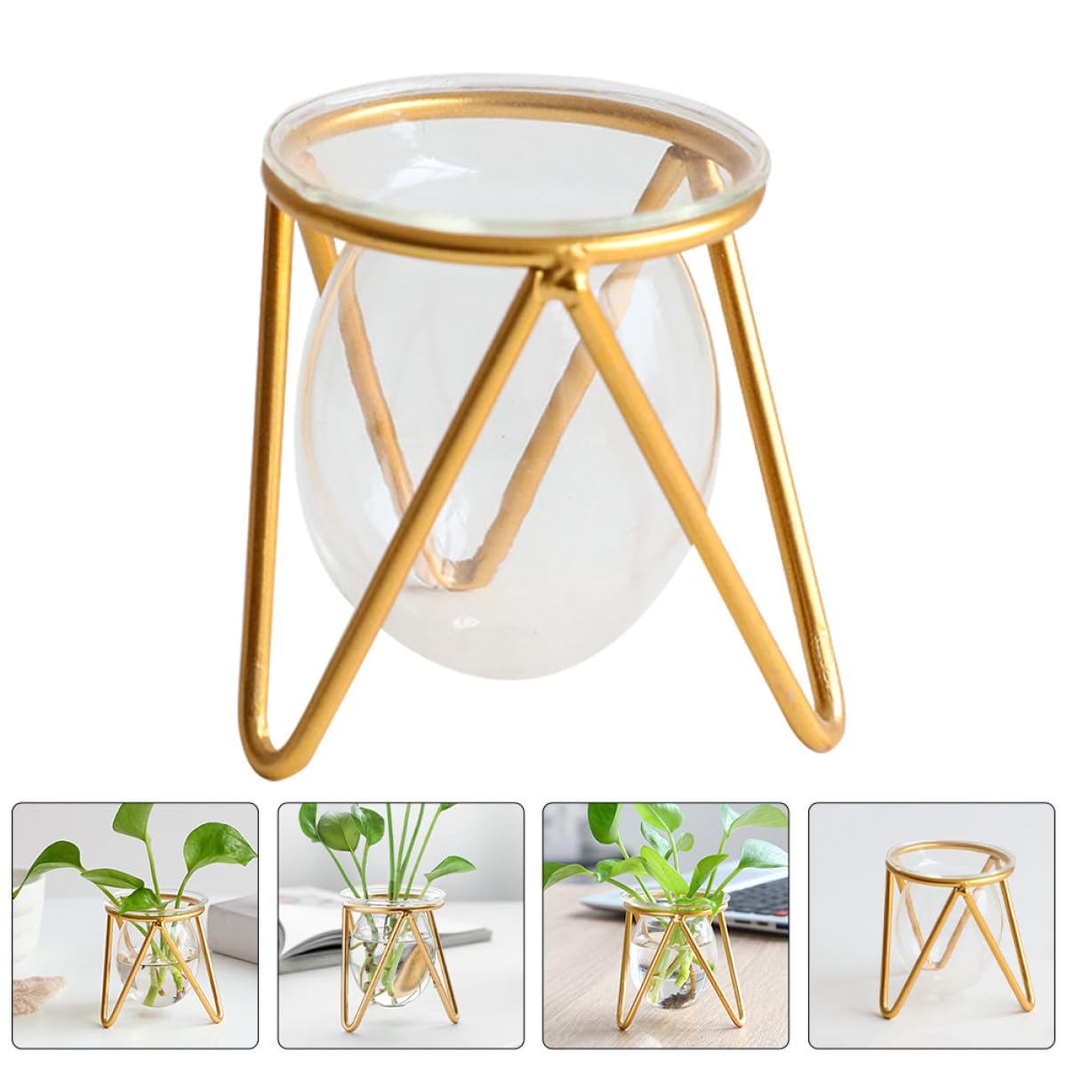 HOMSFOU Glass Vase with Metal Stand, Succulent Propagation Terrarium Planter Bulb, Desktop Air Plant Container for Indoor Water Plants and Greenery Décor