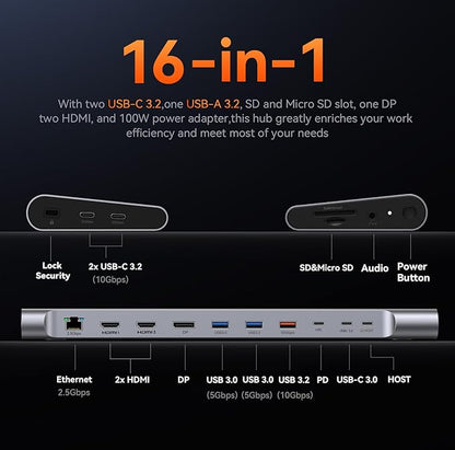 TobenONE 16-in-1 USB-C Docking Station 3 Monitors & Dual Monitor,2 HDMI+DP+6 USB Ports for Office & Home Use,Capable of 100W Power Supply & 2.5Gbps Ethernet, Used with Dell/HP/Lenovo