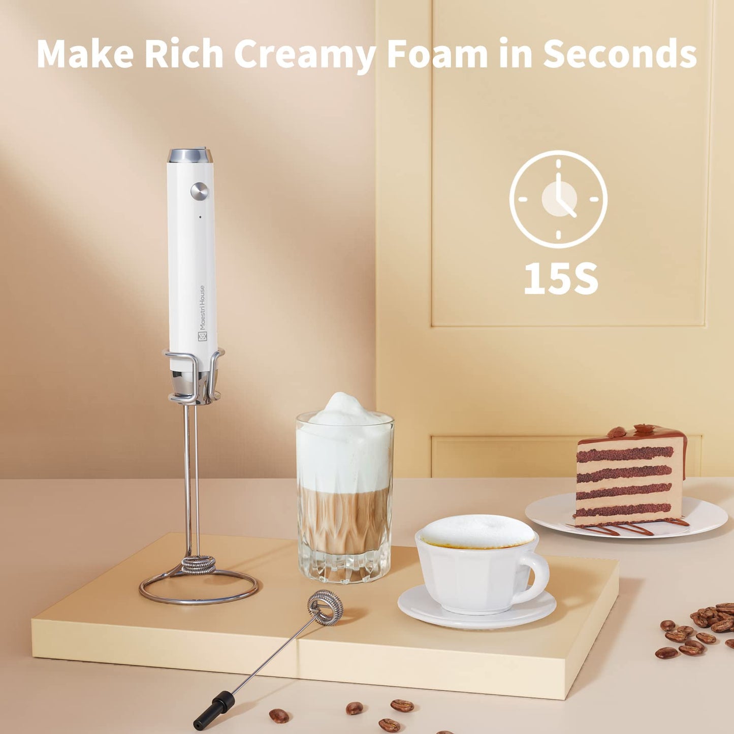 Maestri House Rechargeable Milk Frother, LunaFro NS 2-Speed Handheld Electric Foam Maker Waterproof Detachable Stainless Steel Whisk Drink Mixer Foamer for Lattes, Cappuccino, No Stand