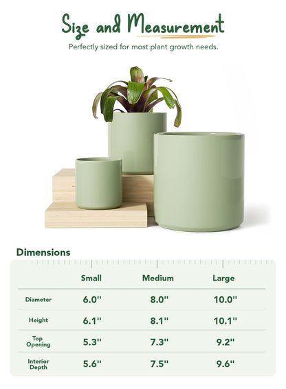 LE TAUCI Ceramic Pots for Plants, 10/8/6 Inch Indoor Planters with Draiange Hole, Silicone Plug & Mesh Pad, Modern Minimalist Pots for Home Office, Set of 3, Glossy, Sage Green