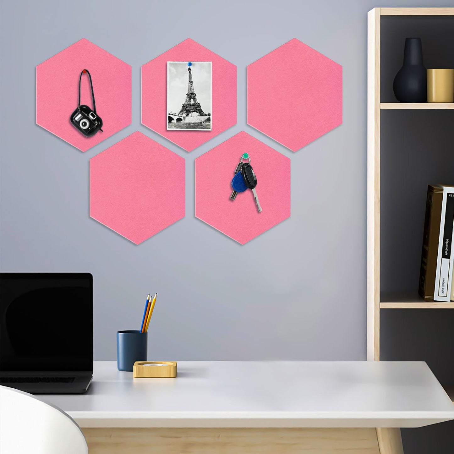 8 Packs Pink Hexagon Felt Pin Board, 12" Bulletin Board with 30 Push Pins, Felt Board for Home Kitchen Office Decor, Self-Adhesive Corkboard Tiles for Walls School Message Photos Memos