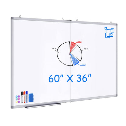White Board Dry Erase 60 x 36，maxtek Large Magnetic Whiteboard 5' X 3' Dry Erase Board Foldable with Long Marker Tray for Wall-Mounted Aluminum Memo Board Supplies for Class Office & Home