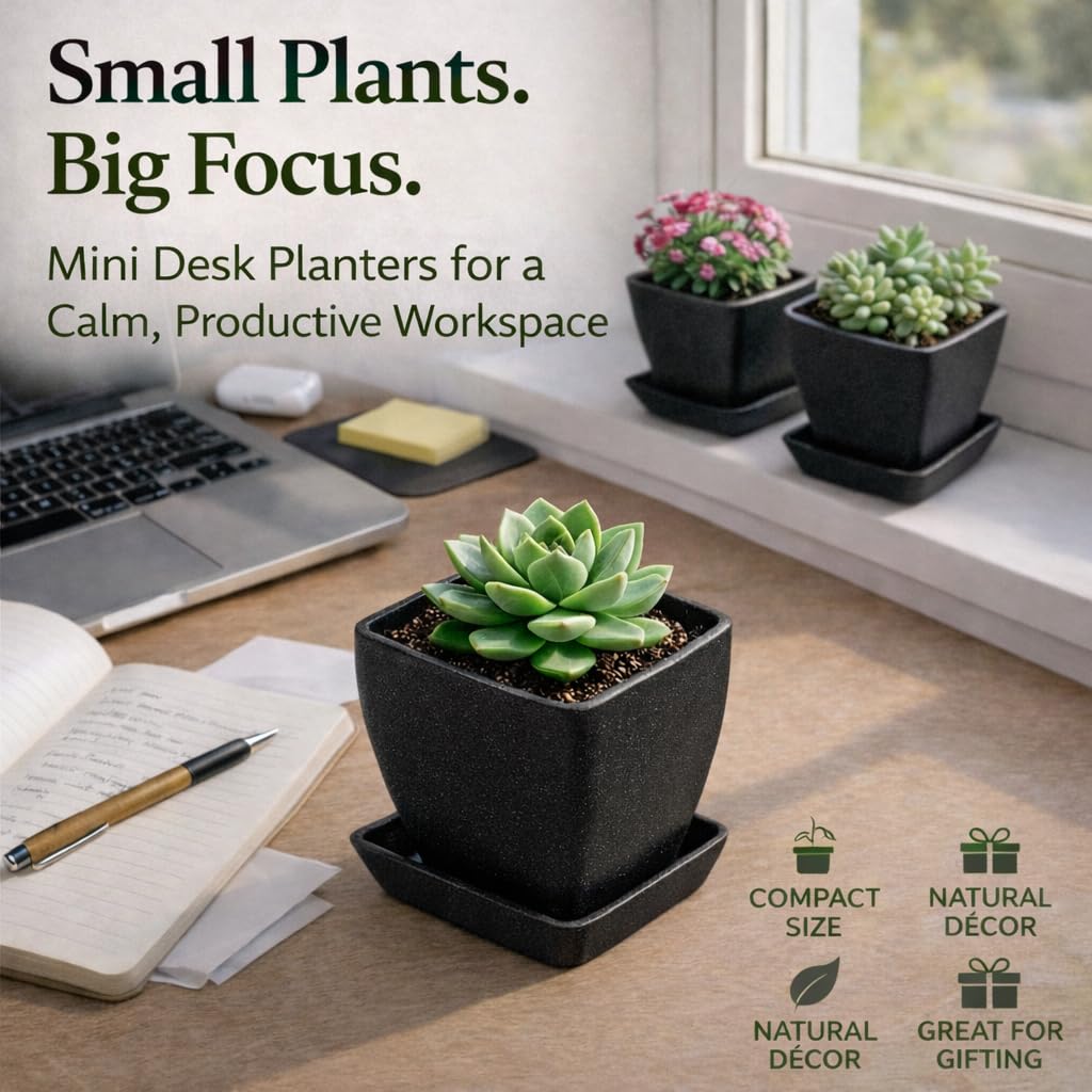 5 Pack 3.5 Inch Small Planter Pots with Drainage Holes and Saucers, Matte Square Indoor Plant Pots for Succulents and Herbs, Lightweight Modern Planters for Kitchen Herb Garden, Windowsill or Desk