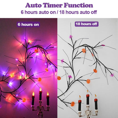 PALONMY Halloween Decor Lights 8.8 Ft 72 LED Willow Vine Twig with Timer Battery Operated Garland Light 12 LED Pumpkin 12 LED Bats and 48 Lights Halloween Party Decoration for Home Wall Fireplace