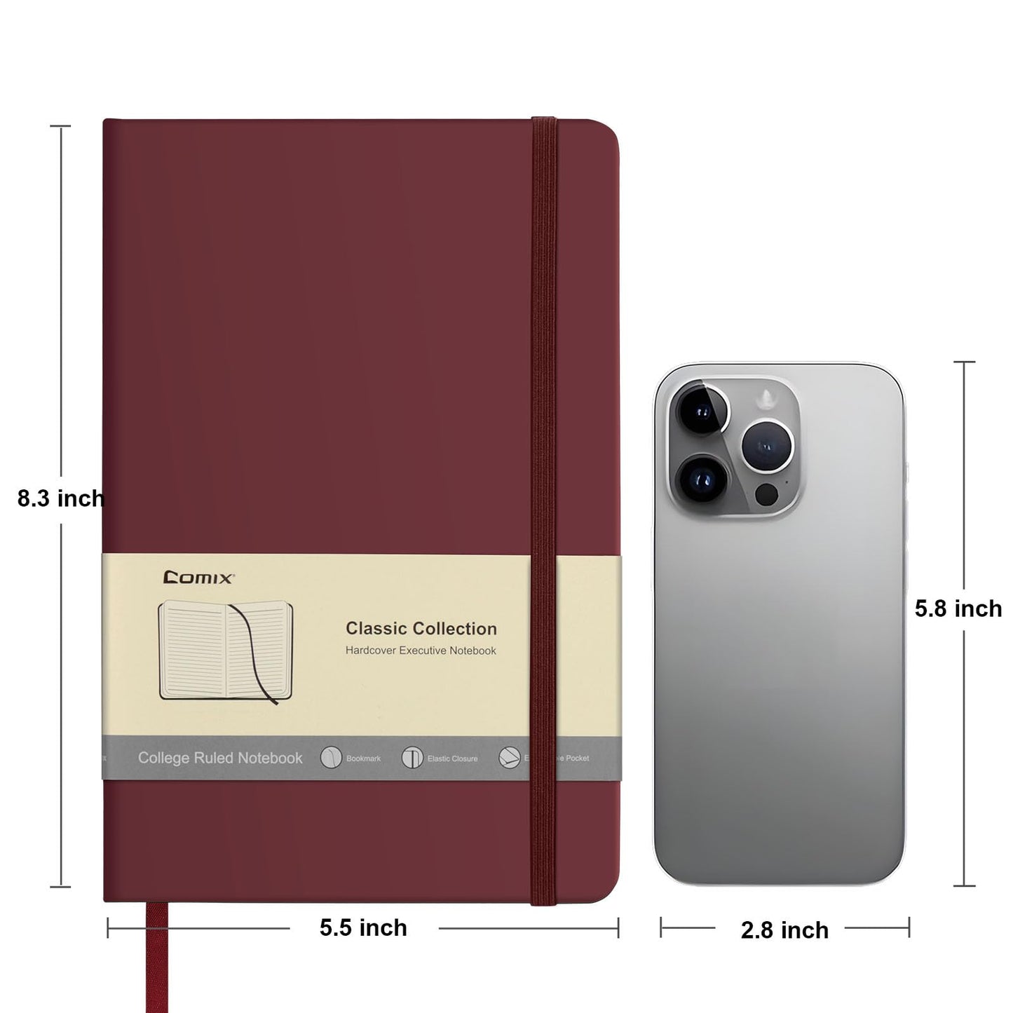 Comix 6 Pack Lined Journal Notebooks, 240 Pages, 5.5 x 8.3 inch, Burgundy, A5 Medium Hardcover Notebooks, Classic College Ruled Notebooks for Writing