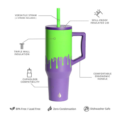 Elemental 40 oz Tumbler with Handle and Straw - Spill Proof Insulated Stainless Steel Commuter for Cold Beverages - Travel Coffee Mug with 2 Straws & Spill Proof Lid - 40oz - Poison Drip
