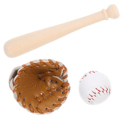 Toyvian Miniature Baseball Bat: Baseball Cake Topper, Light Brown Mini Dollhouse Glove and Ball Set Decorations - Wooden & Leather Cake Topper for Kids Mini House Party Favors(2.95X0.39X0.39in)