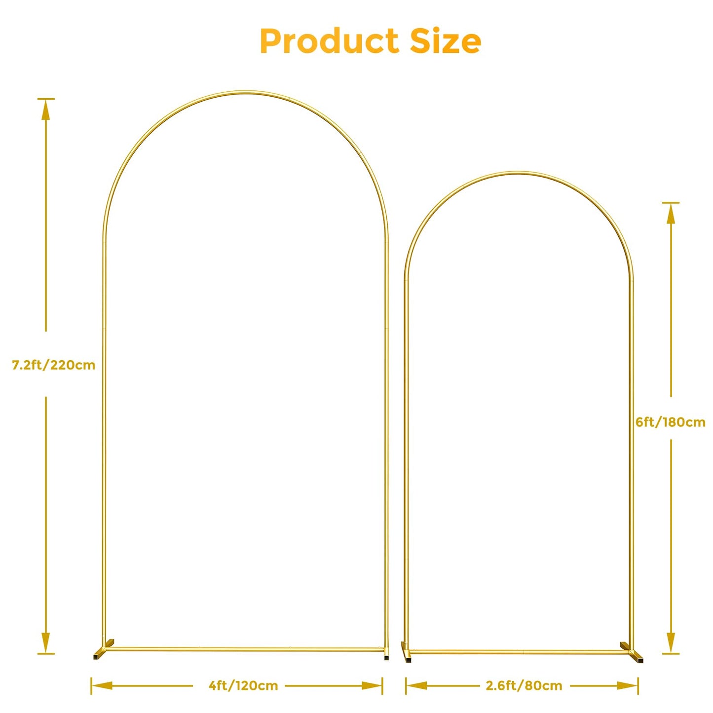 Metal Arch Backdrop Stand, 7.2FT+6FT Wedding Arch Frame, Gold Wedding Arch Backdrop Stand Set of 2, Balloon Arch Backdrop for Wedding Birthday Party Baby Shower Graduation Ceremony Decor