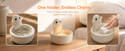 Auxillerron Ceramic Ghost Tealight Candle Holder, Cute Spooky Room Decor for Desk and Nightstand, Kawaii Witchy Aesthetic Small Votive Stand