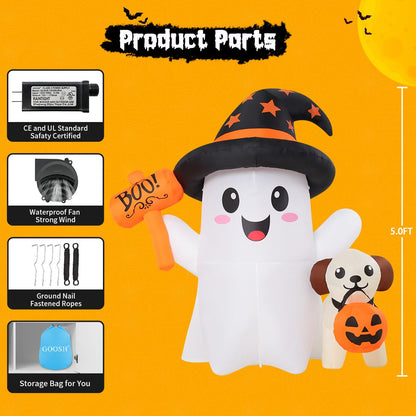 GOOSH 5 FT Halloween Inflatables Ghost Outdoor Decorations Blow Up Cute Ghost and Puppy with Hand-Held Light with Built-in LEDs for Halloween Garden Lawn Party Decor