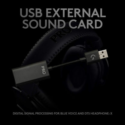 Logitech G Pro X Wired Gaming Headset: Blue VO!CE Detachable Boom Mic, DTS 7.1, 50 mm Drivers, USB/3.5mm Aux, Spare Memory Foam Ear Pads, USB DAC & Bag Included - Black