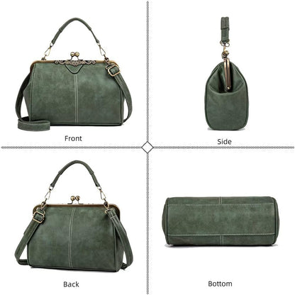 EDIWER Handbag for Women Leather Shoulder Bag Kiss Lock Top Handle Satchel Purse Vintage Crossbody Bag Evening Clutch Purses