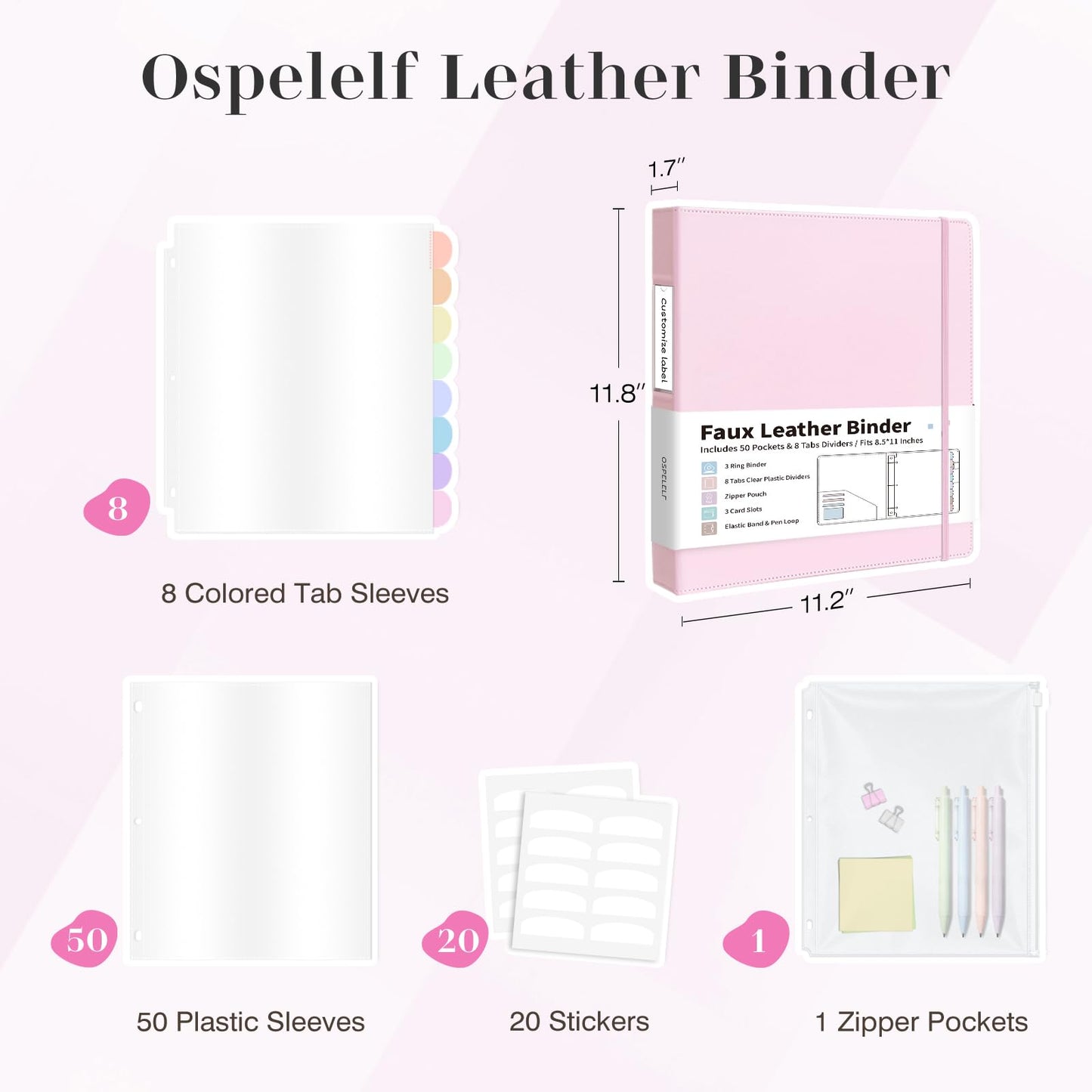 Ospelelf Leather Binder with 58 Plastic Sleeves, 3 Ring Presentation Binder for 8.5x11, Portfolio Organizer with 8 Tabbed Sleeves & Zipper Pocket for Documeents, Artwork, Certificates Pink