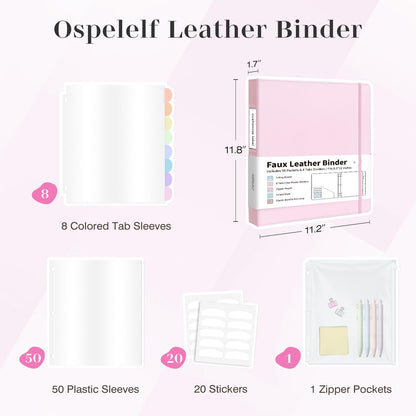Ospelelf Leather Binder with 58 Plastic Sleeves, 3 Ring Presentation Binder for 8.5x11, Portfolio Organizer with 8 Tabbed Sleeves & Zipper Pocket for Documeents, Artwork, Certificates Pink