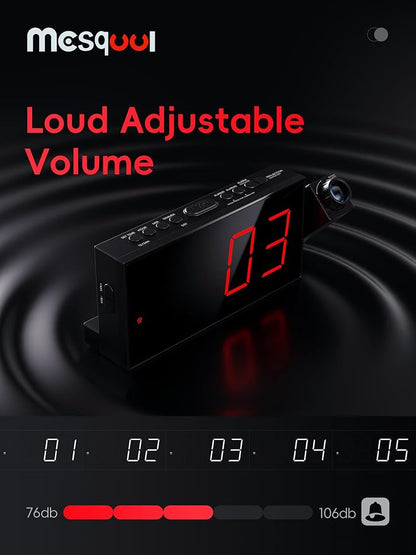 Mesqool Projection Alarm Clock with Bed Shaker, 7" LED Display, 180° Projector, 5-Level Dimmer, USB Phone Charger, Battery Backup, Loud Vibrating Alarm Clock for Heavy Sleepers, Snooze, DST