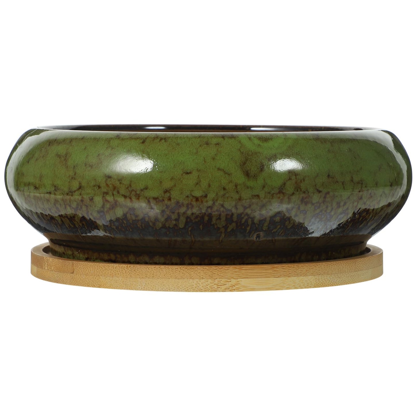 GANAZONO Succulent Succulent Planters with Drainage Ceramic Bonsai Pots with Bamboo Trays Round Shallow Pots for Indoor Cactus Flower Plants Green