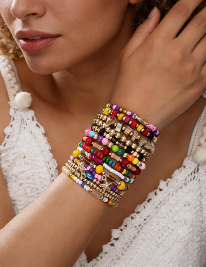 iF YOU 12 Pcs Boho Beaded Bracelets for Women, Brown Orange Bohemian Stackable Gold Bead Stretch Bracelets Stack Jewelry Gift (Colorful beaded bracelets)