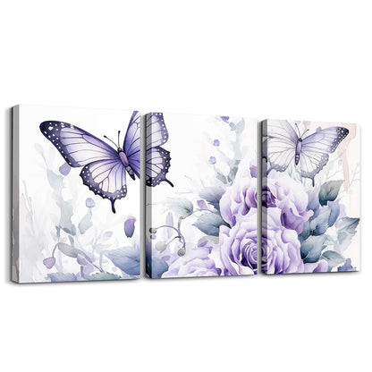 Feelyou Light Purple Rose 3 Piece Canvas Wall Art for Living Room Bedroom Butterfly Wall Art for Home Decor Floral Flower Office Wall Decor Romantic Theme Wall Painting