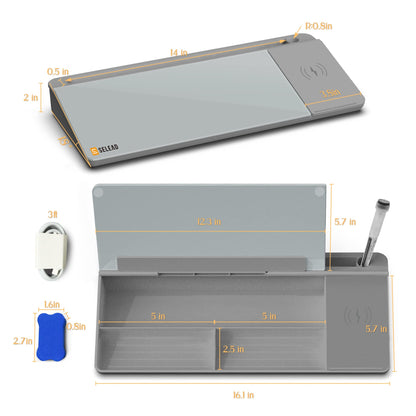 SELEAD Desktop Glass Whiteboard with Wireless Charger Station, Dry Erase White Board Computer Pad Keyboard Stand with Organizer for Home, School, Office Desk Accessories, Gray