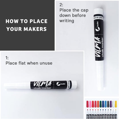 VILMA Liquid Chalk Markers Window Marker for Cars Glass pens Wet Erase Marker Washable Blackboard Pen for Car Window, Mirrors,Signs,Crafts, 2MM Tip 12 Pack,12 Colors