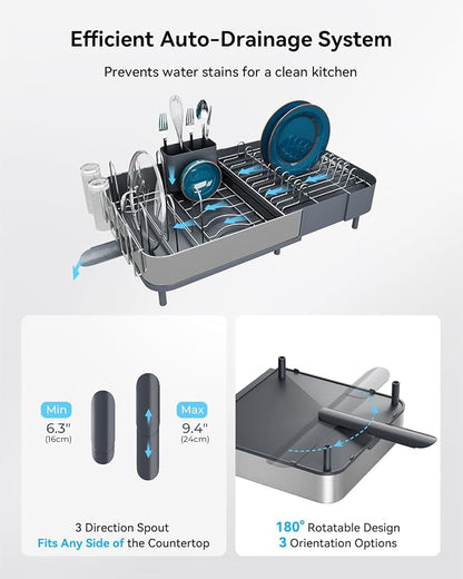 SUNLY Expandable Dish Drying Rack, Versatile Brackets for Pots & Pans, Space Saving Kitchen Drying Rack, Dish Racks for Kitchen Counter, Stainless Steel Dish Drainers with Extendable Spout, Gray